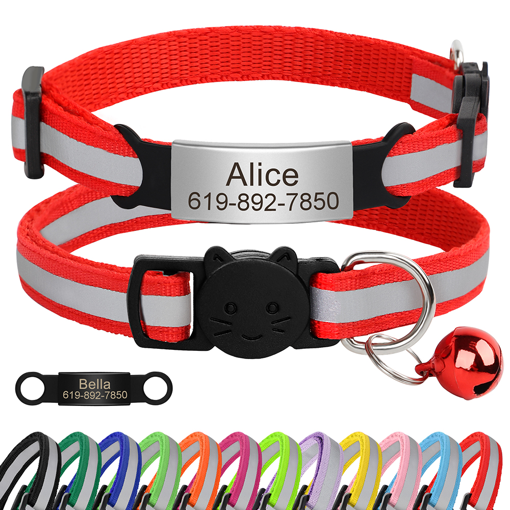 Collier de chat réfléchissant personnalisé, collier de chat gravé gratuit, chiot chaton, identification d'animal de compagnie, collier avec cloche Anti-perte pour chats